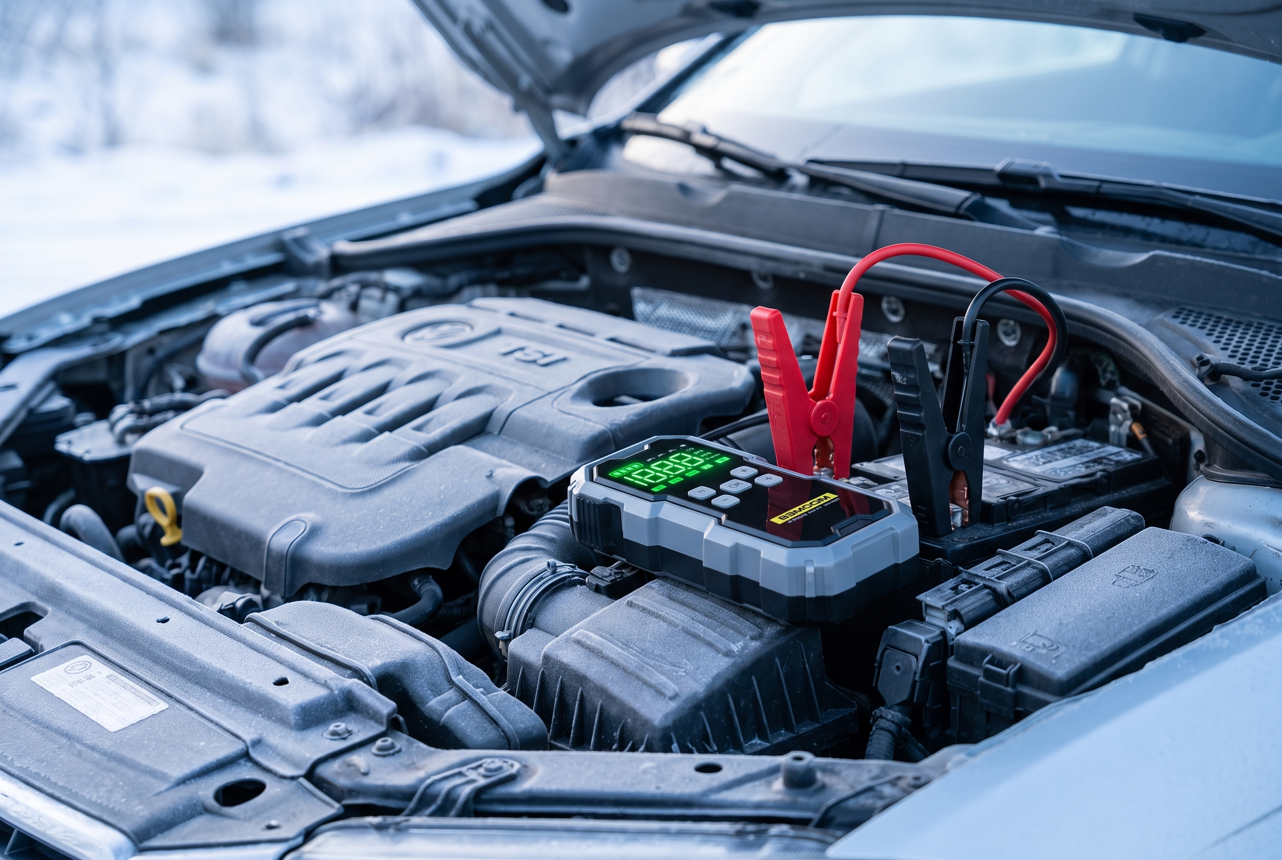 Ignyx Boost conectado a la batería de un coche en invierno
